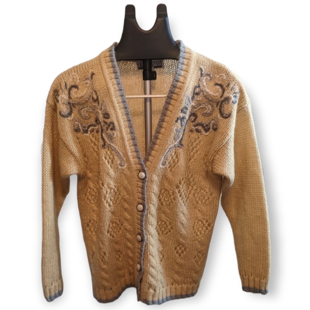 Vintage SK & Company Tan, Blue, Gray & White Knit Cardigan, Sz M